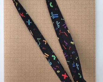 Black rainbow maths symbols skinny fabric lanyard