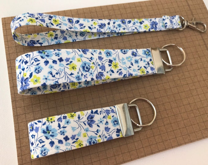 Keyfob or wristlet key chain - Liberty Coastal Walk - Kimberly and Sarah blue/yellow fabric