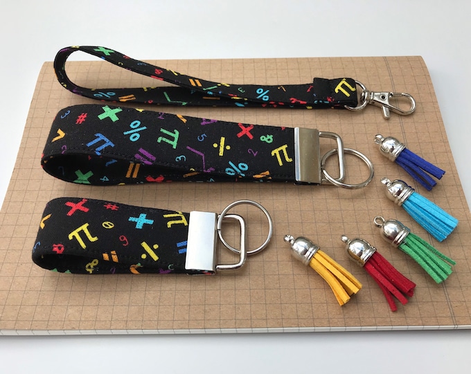 Keyfob or wristlet key chain - Black rainbow maths fabric