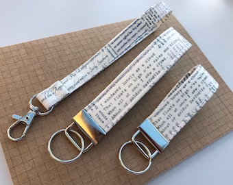 Keyfob or wristlet key chain - Librarian/ book worm/ English TEXT fabric