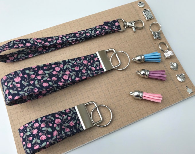 Keyfob or wristlet key chain - Navy pink rose floral fabric