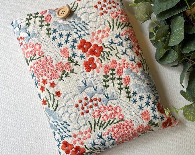 Embroidered Blue and Peach Floral Padded Kindle Sleeve