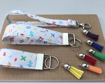 Keyfob or wristlet key chain - White maths fabric