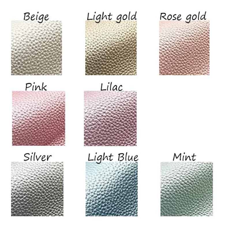 Peut inclure: Neuf &eacute;chantillons de cuir textur&eacute; dans diff&eacute;rentes couleurs&nbsp;: beige, or clair, or rose, rose, lilas, argent, bleu clair et menthe.