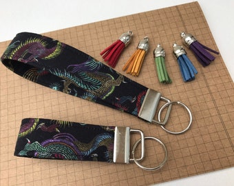 Keyfob or wristlet key chain - Oriental dragon fabric