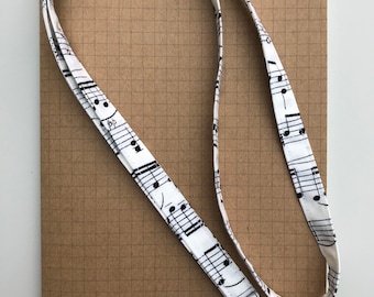 White music/musical notes fabric lanyard