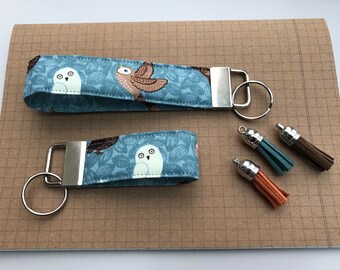 Keyfob or wristlet key chain - Owl fabric
