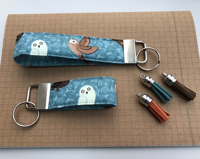 Keyfob or wristlet key chain - Owl fabric