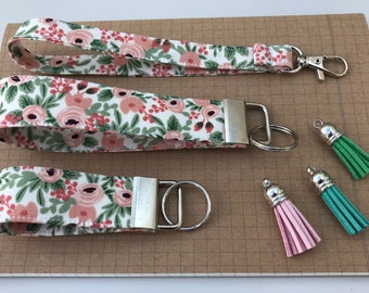 Keyfob or wristlet key chain - Rifle Paper Garden Party Rose fabric