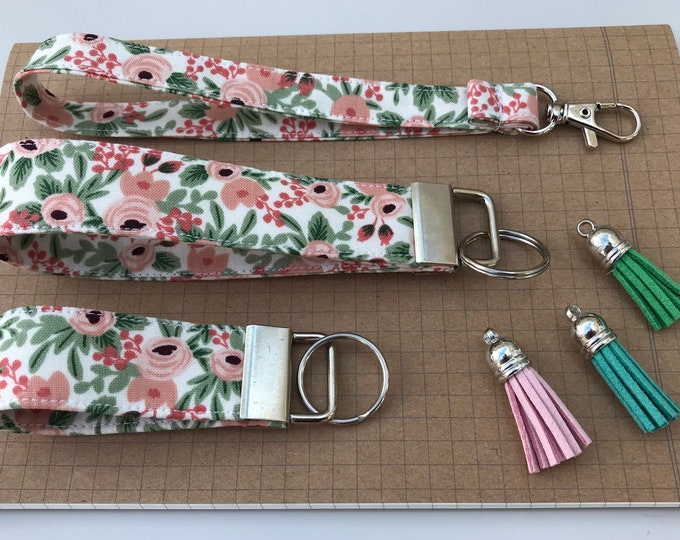 Keyfob or wristlet key chain - Rifle Paper Garden Party Rose fabric