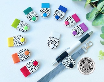 Pop on pen holder, Lanyard Pen Pal -  White with black spots Faux Leather