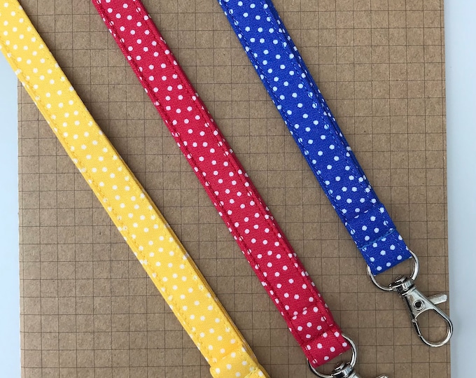 Yellow Red Blue & white spotty fabric lanyard