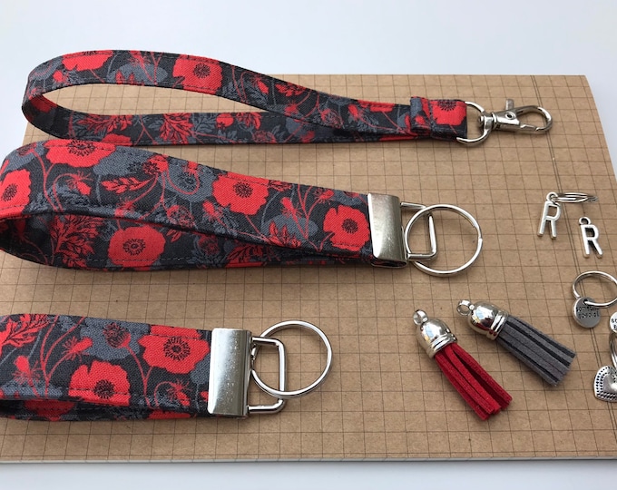 Keyfob or wristlet key chain - Grey Poppy fabric
