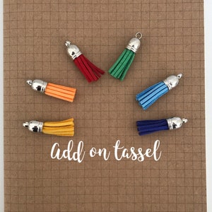May include: Six colourful tassels with silver tops. The tassels are in the colours red, orange, yellow, green, blue, and dark blue. The text "add on tassel" is written below the tassels.