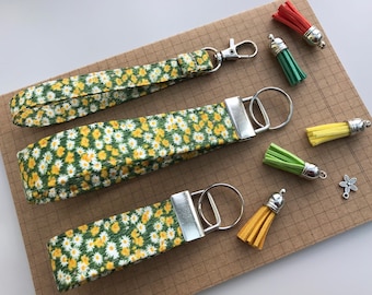 Keyfob or wristlet key chain - Daffodil and Daisy fabric