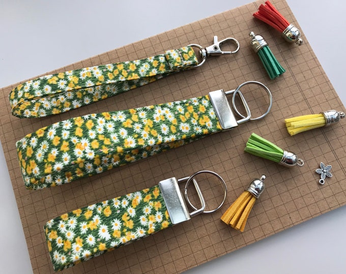 Keyfob or wristlet key chain - Daffodil and Daisy fabric