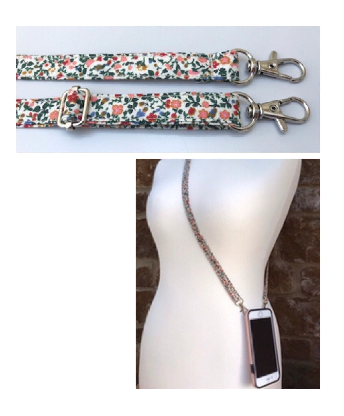 Adjustable length Liberty Mobile phone strap / cord cross body - double  clasp (can be made using most fabrics on Littlehmakes shop)