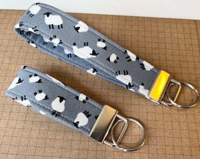 Keyfob or wristlet key chain - Grey Sheep fabric