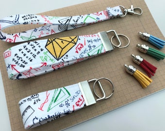Keyfob or wristlet key chain - White maths jottings fabric