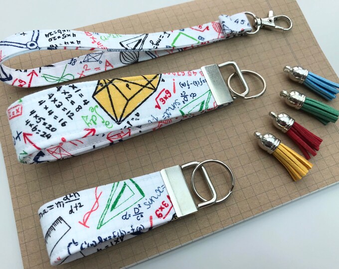 Keyfob or wristlet key chain - White maths jottings fabric