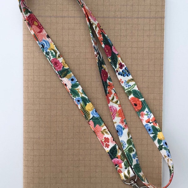 Rifle Paper Wildwood cream floral fabric skinny lanyard