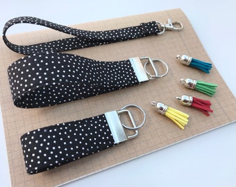 Keyfob or wristlet key chain - Black & white spotty fabric