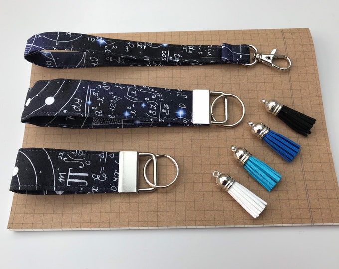 Keyfob or wristlet key chain - Blue maths fabric