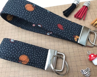 Keyfob or wristlet key chain - Dark grey pumpkin fabric