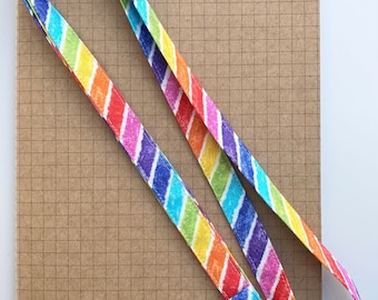 Rainbow diagonal stripe on white fabric lanyard