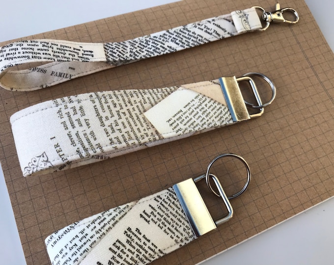 Keyfob or wristlet key chain - Librarian/ book lover/ English fabric