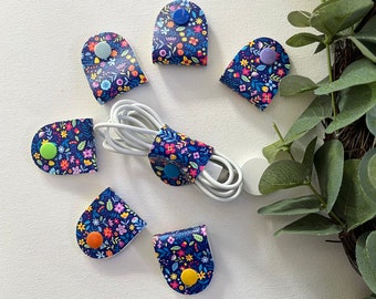 Cable Keeper, Cord Holder, Cable Tidy Faux Leather Blue Floral
