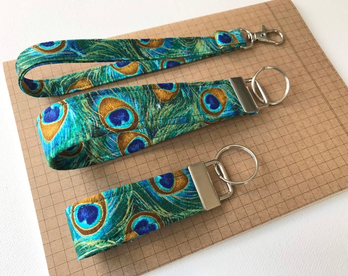 Keyfob or wristlet key chain - Peacock fabric