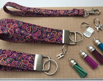 Keyfob or wristlet key chain - Plum paisley fabric