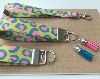 Keyfob or wristlet key chain - Lime animal print fabric