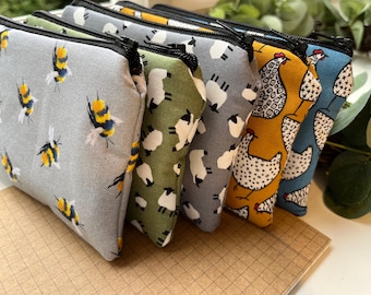 Coin purse/ card pouch - Bee, Sheep, Chicken fabric