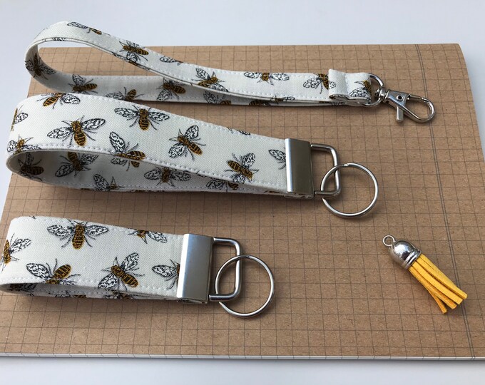 Keyfob or wristlet key chain - Bee dove grey fabric