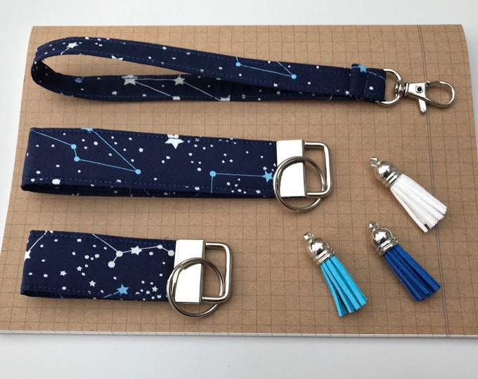 Keyfob or wristlet key chain - Dark blue constellation fabric
