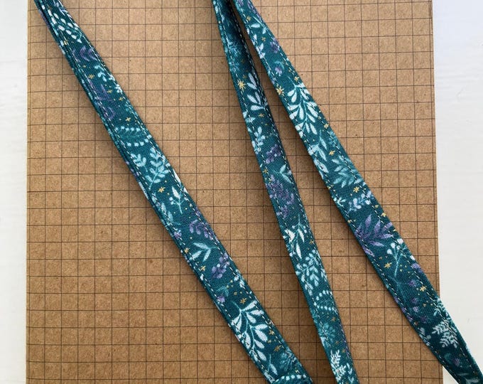 Charmed floral teal with gold metallic fabric skinny lanyard