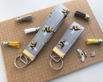 Keyfob or wristlet key chain - Grey Bee fabric