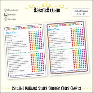 Editable Rainbow Stars Kid/Tween/Teen Summer/Technology Rules/Reward Chore Chart Printables - 8.5x11" US Letter/A4