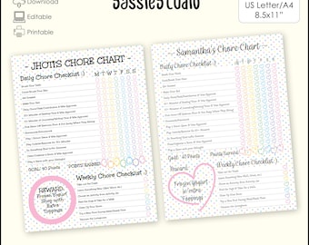 Editable Pastel Polka Dot Circles & Hearts Kid/Tween/Teen Reward Chore Chart Printables - 8.5x11" US Letter/A4