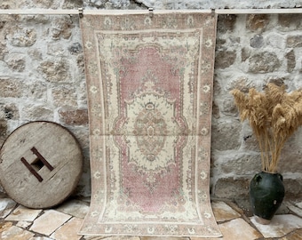 4x8 Vintage Rug, Pink Turkish Rug, 4x8 Handmade Oushak Rug, Bedroom Rug, Office Rug, Anatolian Rug, Designer Rug, Antique Rug, 4'4" x 8'1"