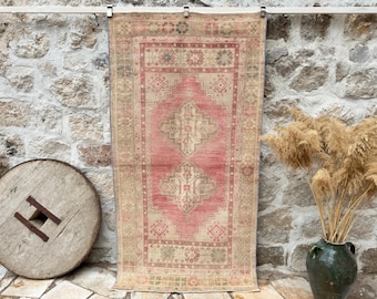 4x8 Vintage Rug, Pink Turkish Rug, 4x8 Handmade Oushak Rug, Bedroom Rug, Office Rug, Anatolian Rug, Designer Rug, Antique Rug, 3'9" x 7'