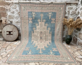 8x11 Vintage Rug, Turkish Rug, Blue Rug, Oversized Rug, Living Room Rug, Antique Rug, Oushak Rug, Bedroom Rug, Office Rug, 7'9" x 11'6"