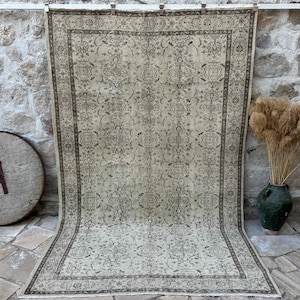 6x10 Turkish Rug – Vintage Beige Wool Carpet – Handwoven Anatolian Area Rug – Large Oriental Home Decor