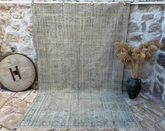 Handmade Pale Blue Rug, Large Vintage Rug, Bedroom Area Carpet, Home Decorative Rug, Low Pile, Good Condition and Quality, Turkish Rug 7x10