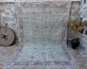 8x11 Vintage Rug, Turkish Rug, Green Rug, Oversized Rug, Living Room Rug, Antique Rug, Oushak Rug, Bedroom Rug, Office Rug, 7'10" x 11'