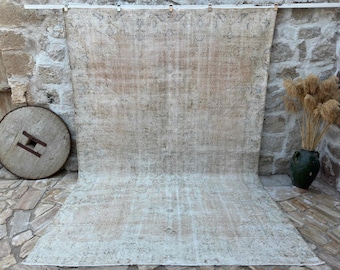 8x11 Vintage Rug, Turkish Rug, Beige Rug, Oversized Rug, Living Room Rug, Antique Rug, Oushak Rug, Bedroom Rug, Office Rug, 7'8" x 11'2"