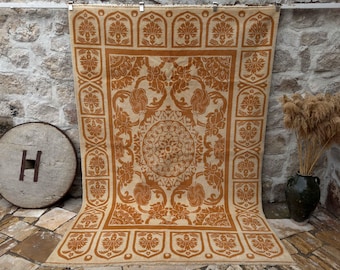 Vintage Turkish Rug – Large Wool Carpet with Botanical Pattern – 6'5" x 9'4" – Floral Art Deco Elegance