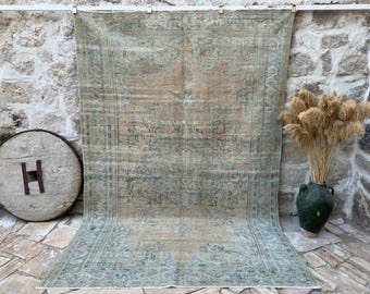 6'6" x 9'8" Green Brown Turkish Vintage Rug – Faded Oushak Area Carpet – Large Handmade Wool Rug – Neutral Toned Antique Floor Decor